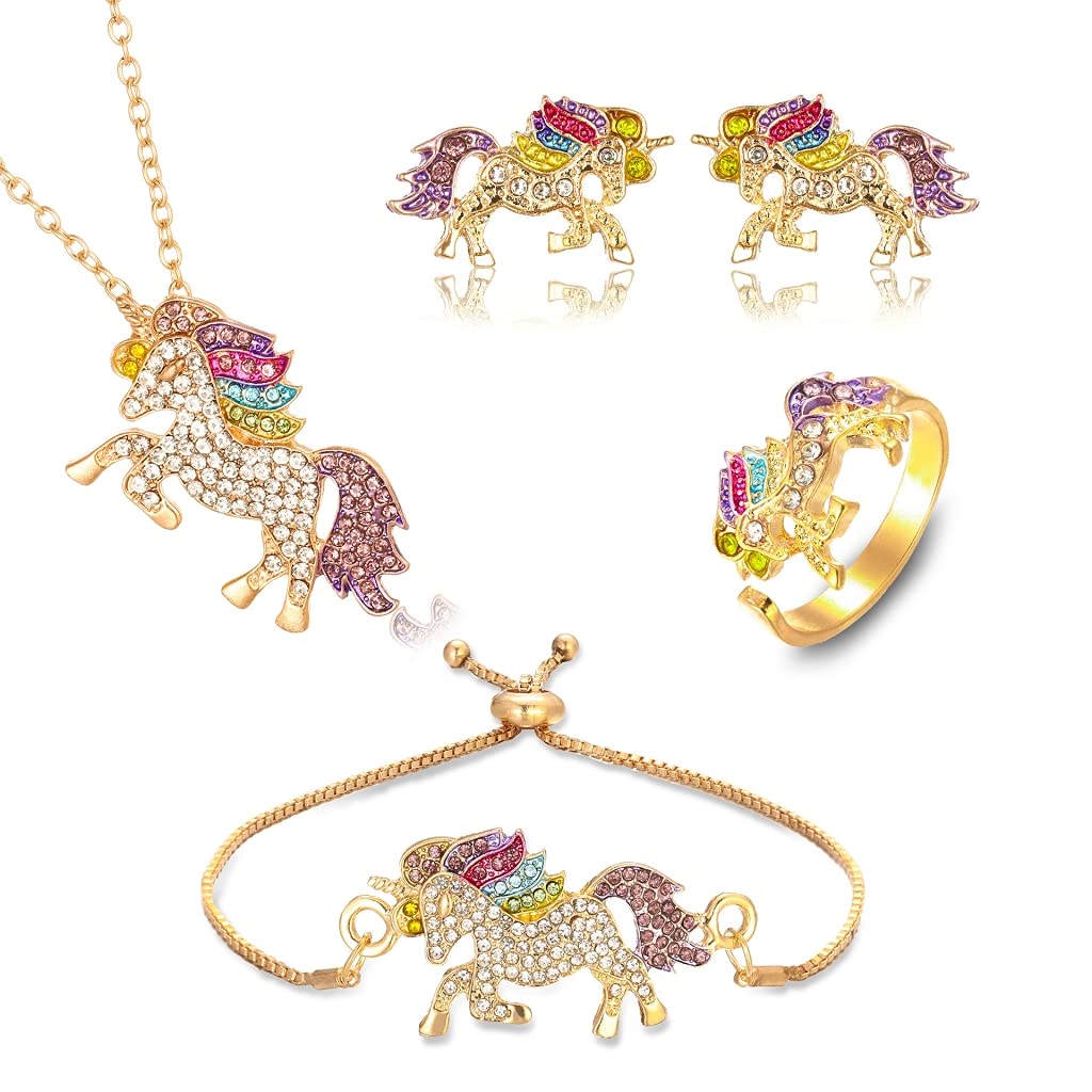 PALAY® Unicorn Necklace Jewelry Set Rainbow Unicorn Bracelet for Girls Necklace Unicorn Earring, Ring, Unicorn Women Jewelry Set Gift for Girls Women, (Gold) - 4 Combo Pack