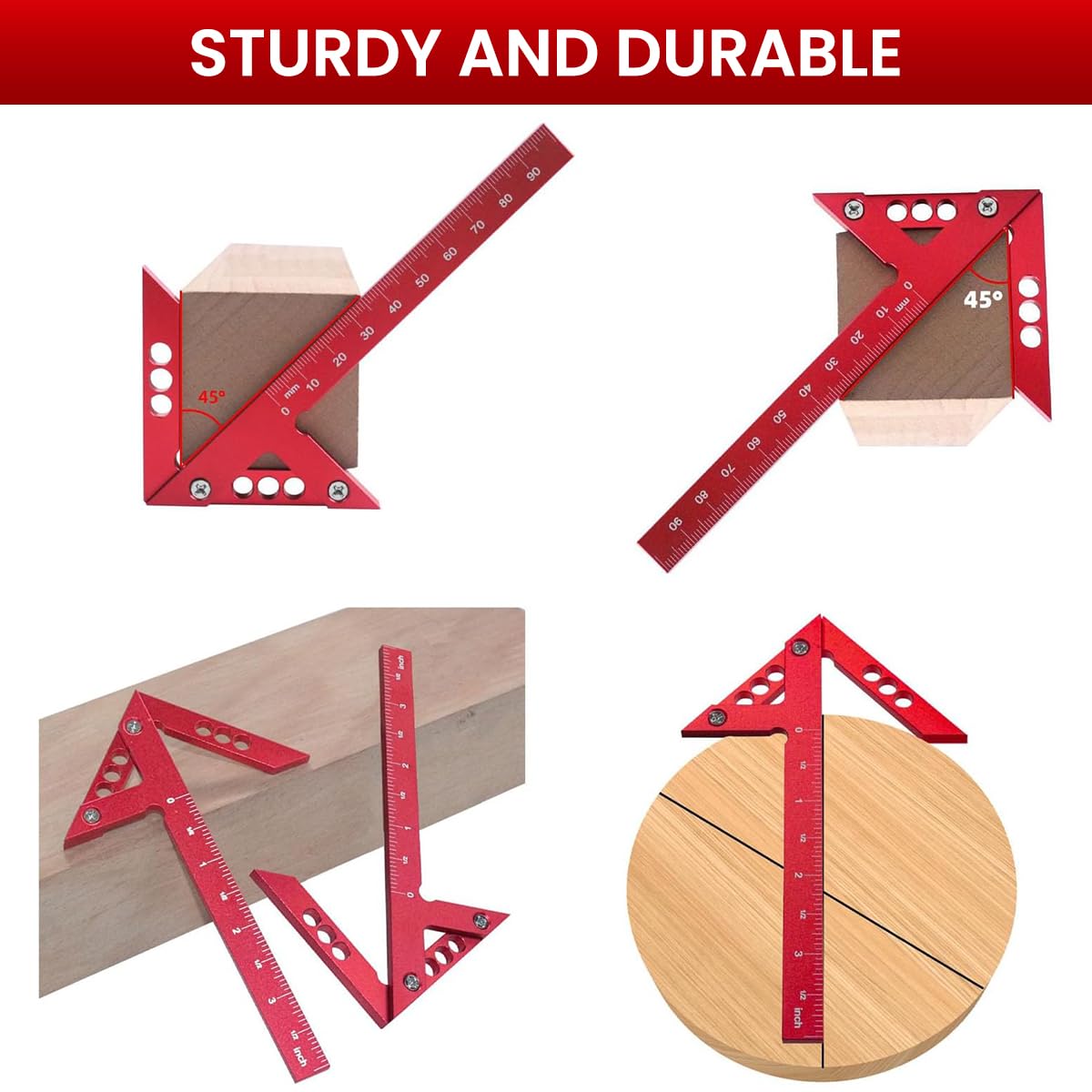 Serplex Right Angle Scribing Ruler for Woodwork featuring Arrow‑Shaped 90° and 45° Guide | Red Aluminum Alloy 3PCS