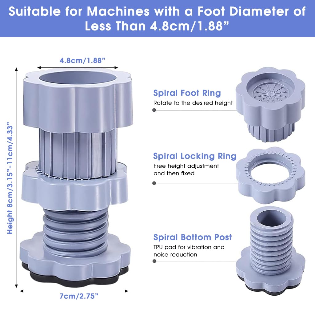 ZIBUYU Anti Vibration Pads for Washing Machine with Adjustable 8–11 cm Riser Feet | Floor Protection