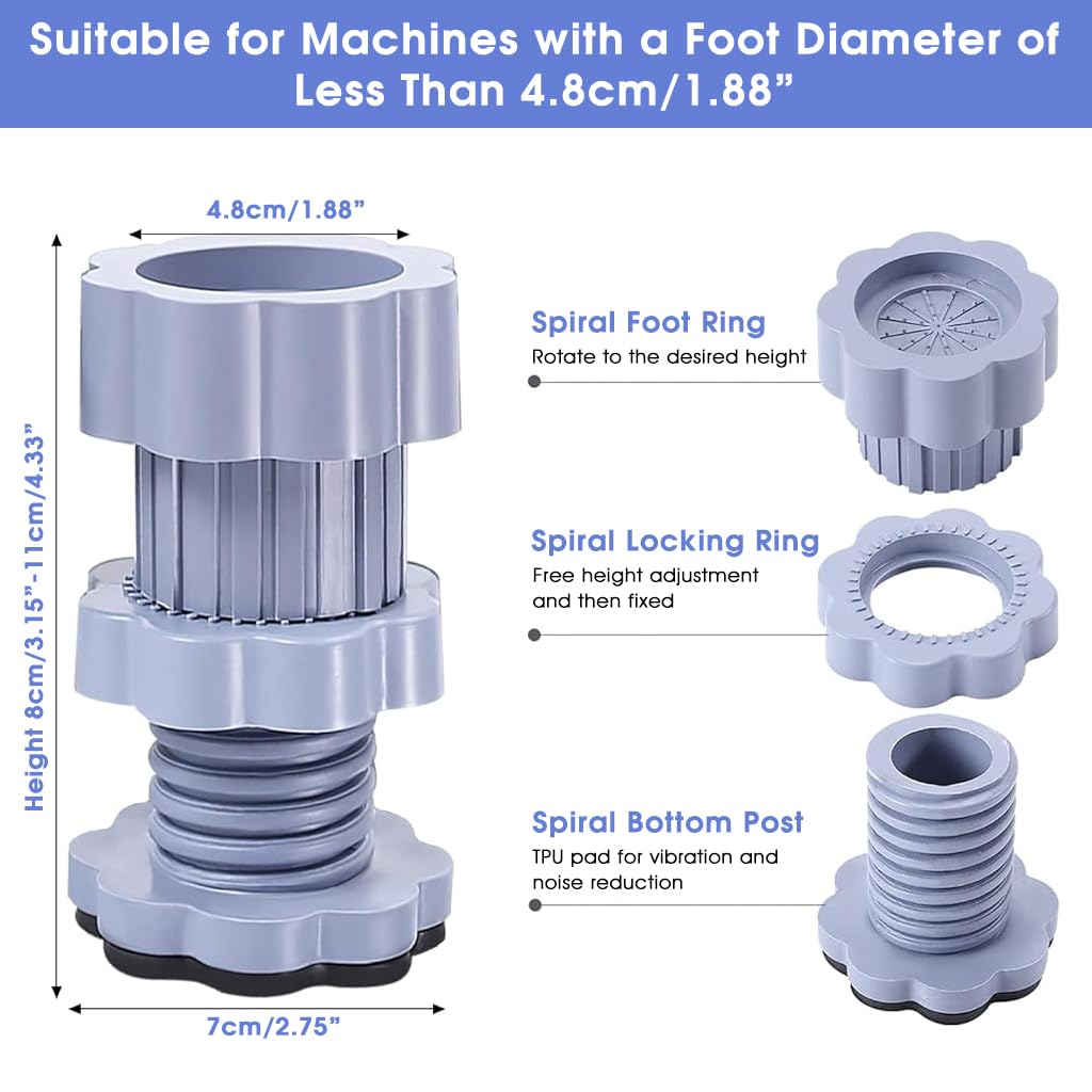 ZIBUYU® 4Pcs Feet Pads for Washing Machine, Vibration Reduction Riser Feet Pads Washing Machine Riser Feet Adjustable Height 8-11cm Anti-slip Universal Feet Pads for Washing