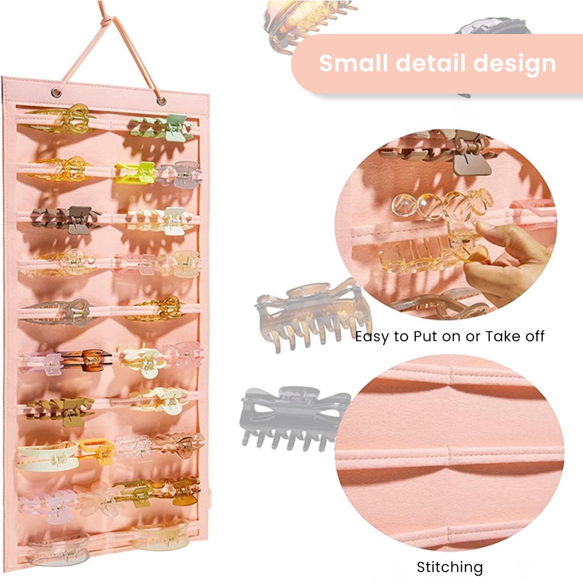 HASTHIP Hair Claw Holder Organizer for Wall Hanging with 20 Belts 35x80cm Felt Pink | For Women Girls Storage Display