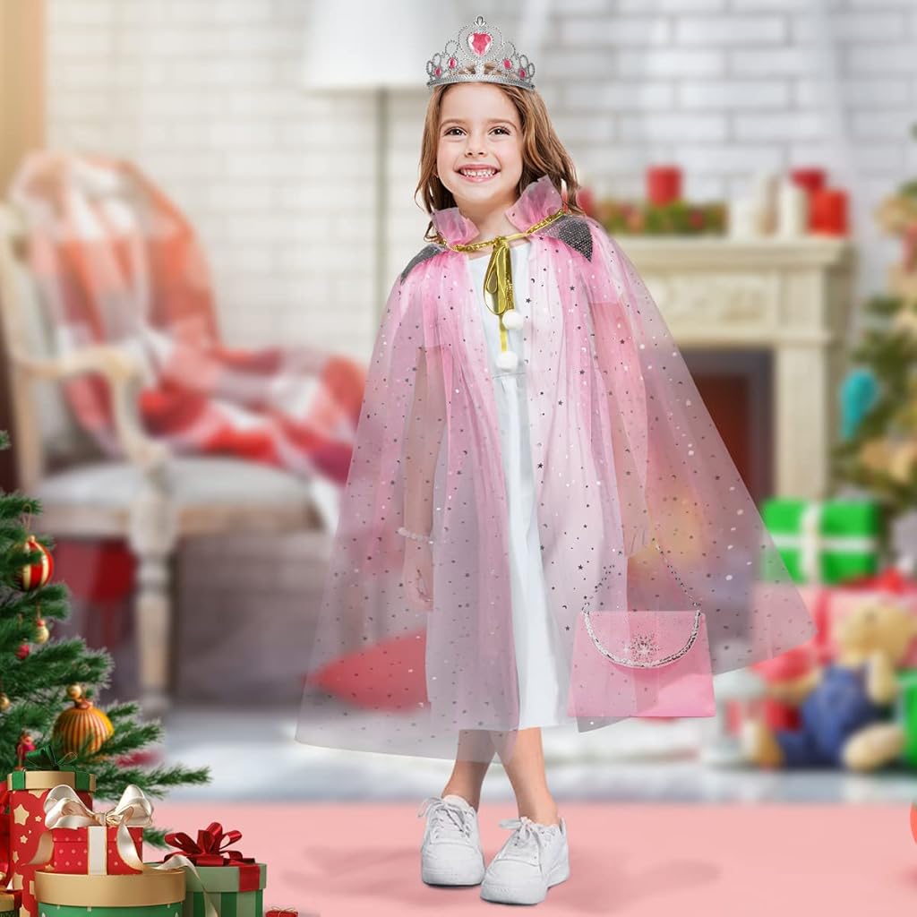 PATPAT® Princess Dress Up Costume for Girls Pink Dreamy Lace Cape Skirt with Beaded Jewelry, Fairy Wand, Gloves, Bag, Princess Cosplay Halloween Princess Dress Up Set Birthday Gift for 3-8 Years Old