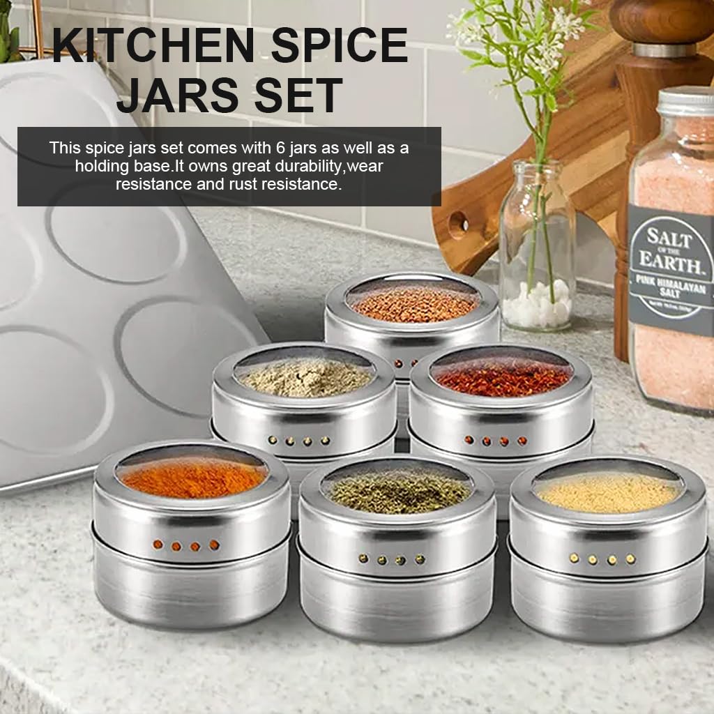 HASTHIP® 6Pcs Stainless Steel Spice Box for Kitchen, Masala Box Masala Container with Clear Lid, Seasoning Dispenser for Salt, Pepper, Spices, Herbs, Blends Seasoning Container with Metal Storage Rack