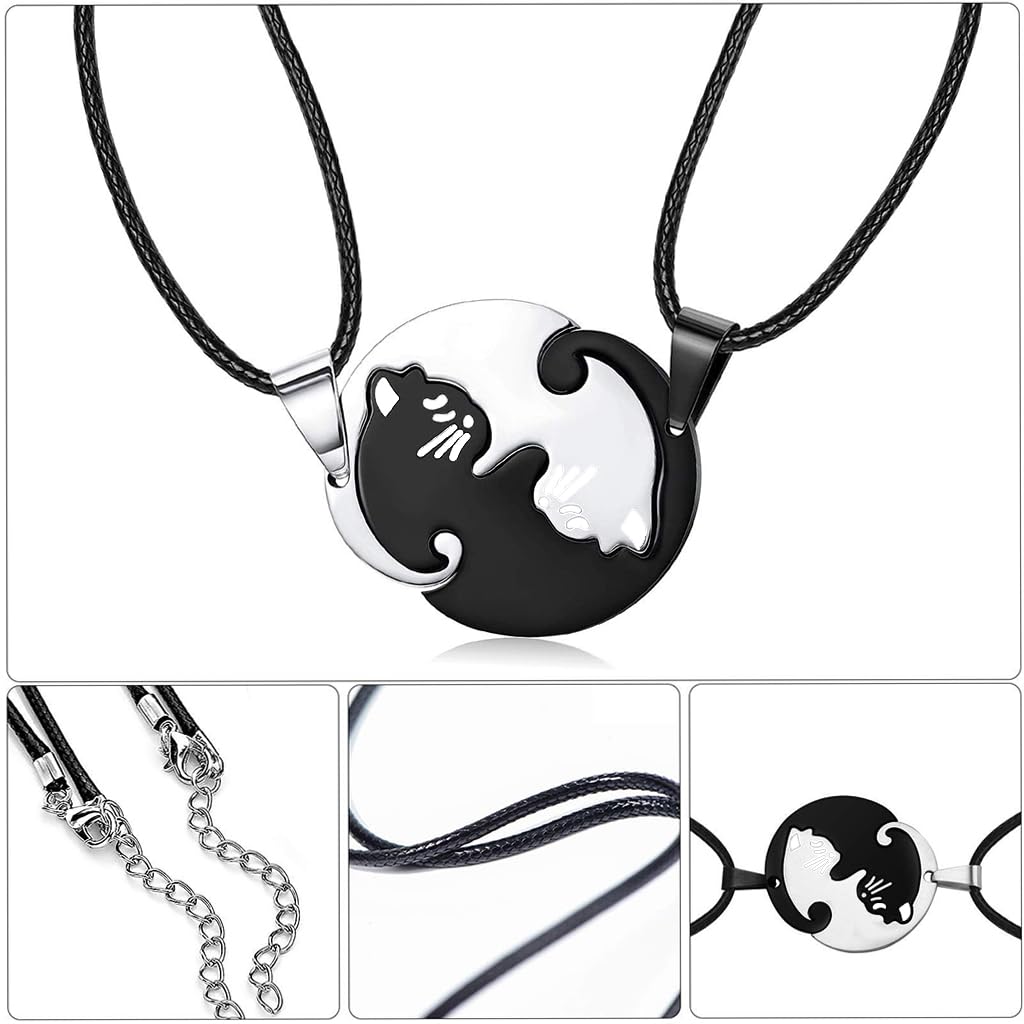 Zibuyu Friendship Necklace for Couples featuring Black and White Cat Pendants | Stainless Steel Gift