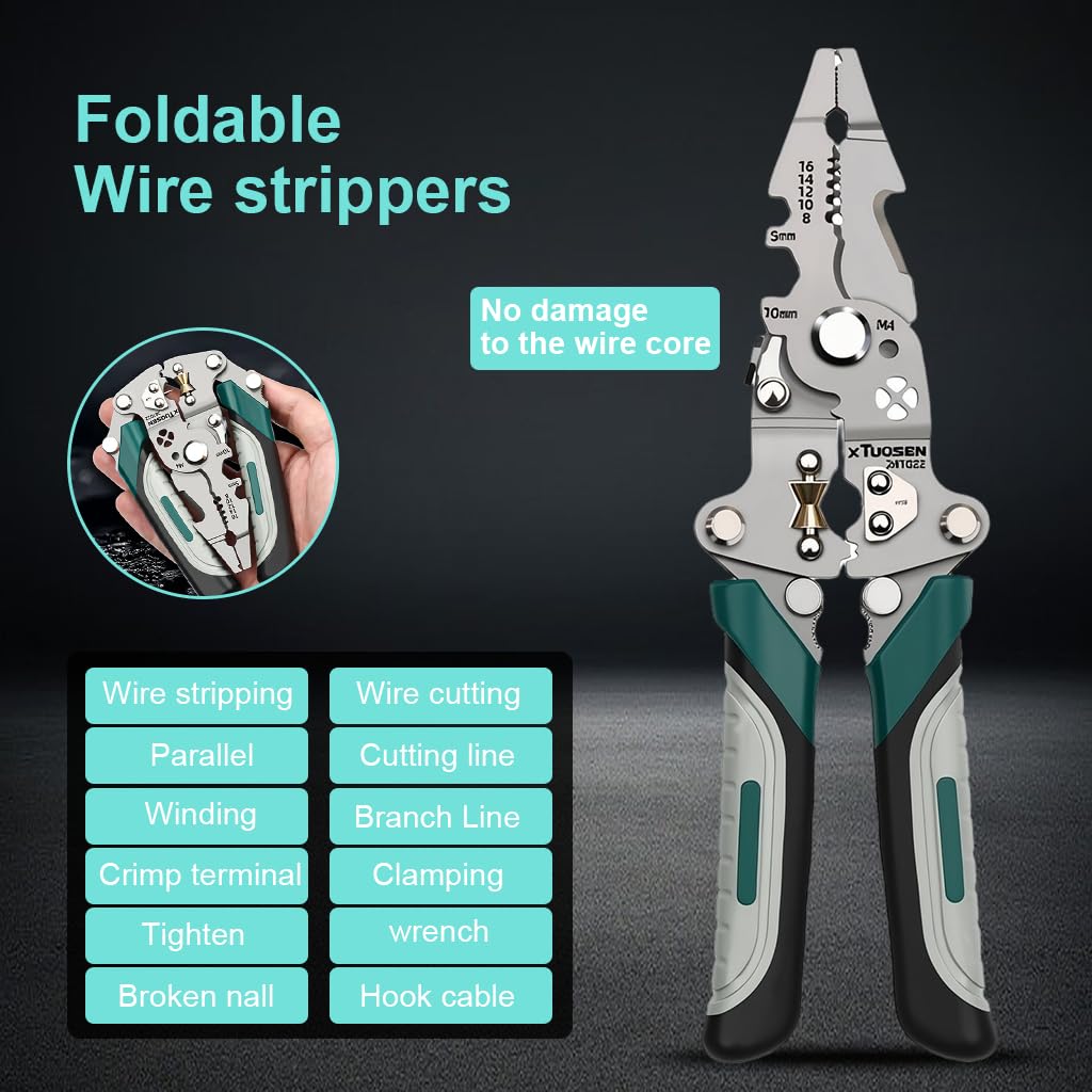 Serplex Wire Stripper Tool for Electricians with 8–16AWG Range and Folding Rubber Handle