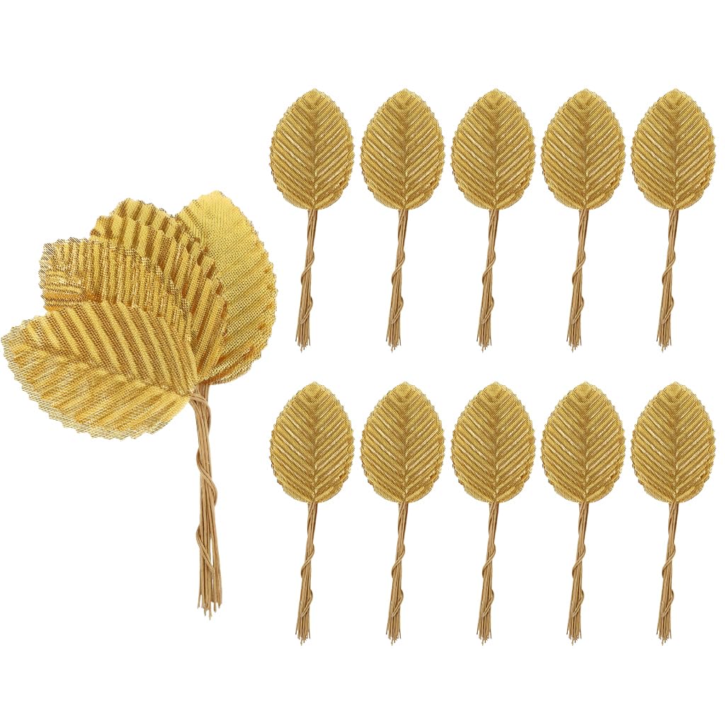 HASTHIP® 200Pcs Golden Leaves for Decoration 1.96 inches Fabric Golden Leaves with Flexible Stem, Embossed Golden Leaves Craft Decorative Golden Leaves for DIY Handcrafts, Scrapbooking, Album Decor