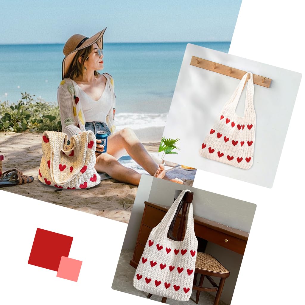 Zibuyu Crochet Heart Tote Bag for Daily Wear and Beach Use with Plush Charm | 3PCS Set