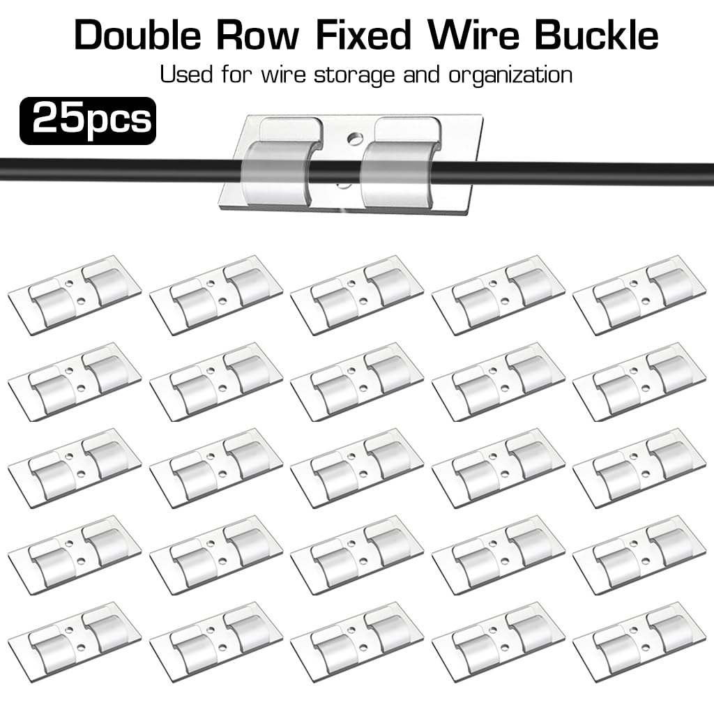 ZIBUYU Self-Adhesive Cable Clips for Wall and Desk featuring Dual Slot Design | 25pcs Plastic Wire Holders