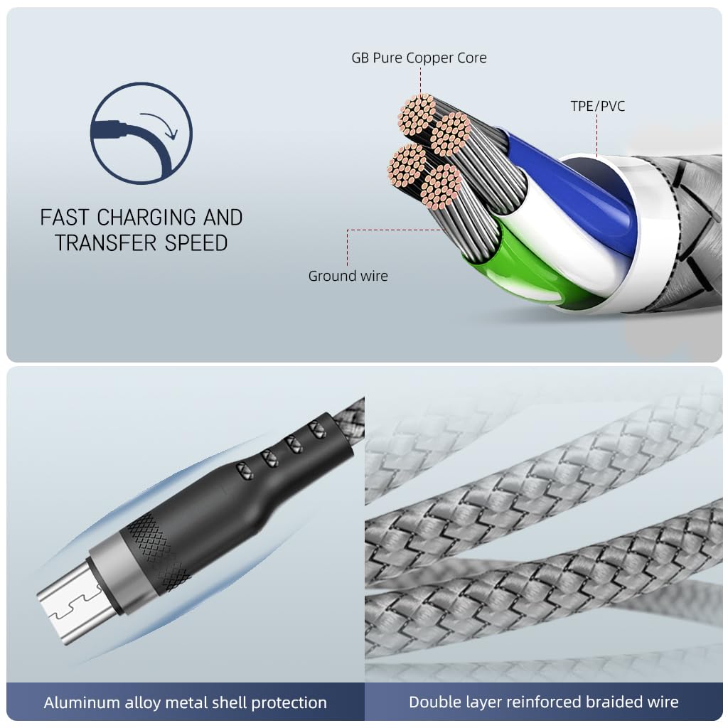 Verilux Micro USB Cable 10ft 3m for Fast Charging and Data Sync featuring Nylon Braid