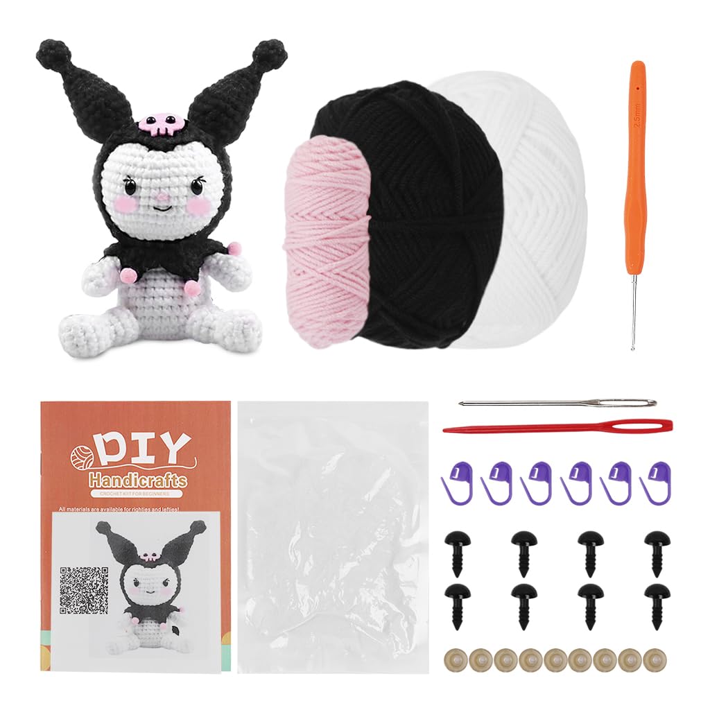 PATPAT® DIY Kuromi Stuffed Toy Crochet Material Kit with Yarns and Tools 6.1'' DIY Kawaii Kuromi Stuffed Toy for Beginners DIY Handmade Crochet Cartoon Kuromi Stuffed Toy with Tutorial Video