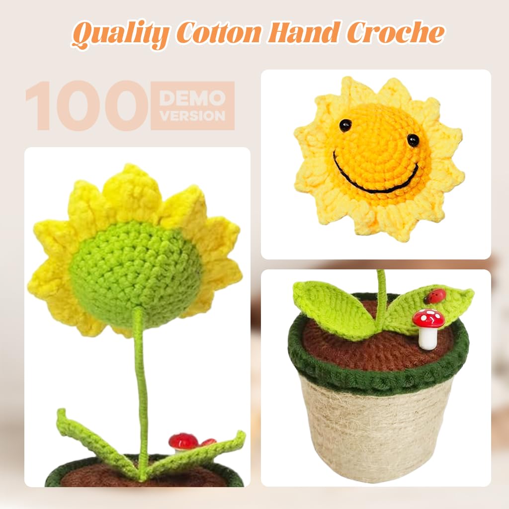STHIRA Crochet Flower for Desk and Car Decoration with Smiley Sunflower Pot | Handmade Gift