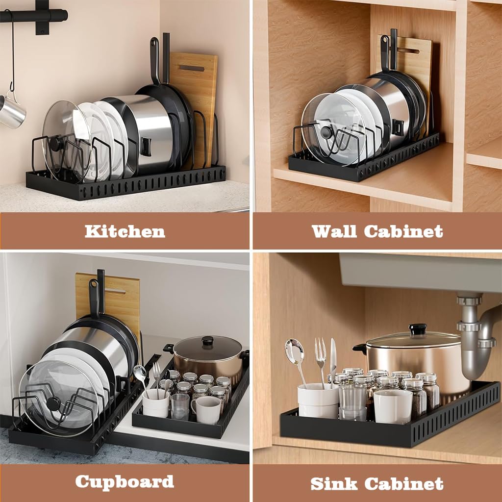 Supvox Pan Stand for Kitchen with 8 Adjustable Brackets and Pull Out Adhesive Rail | Carbon Steel Organizer
