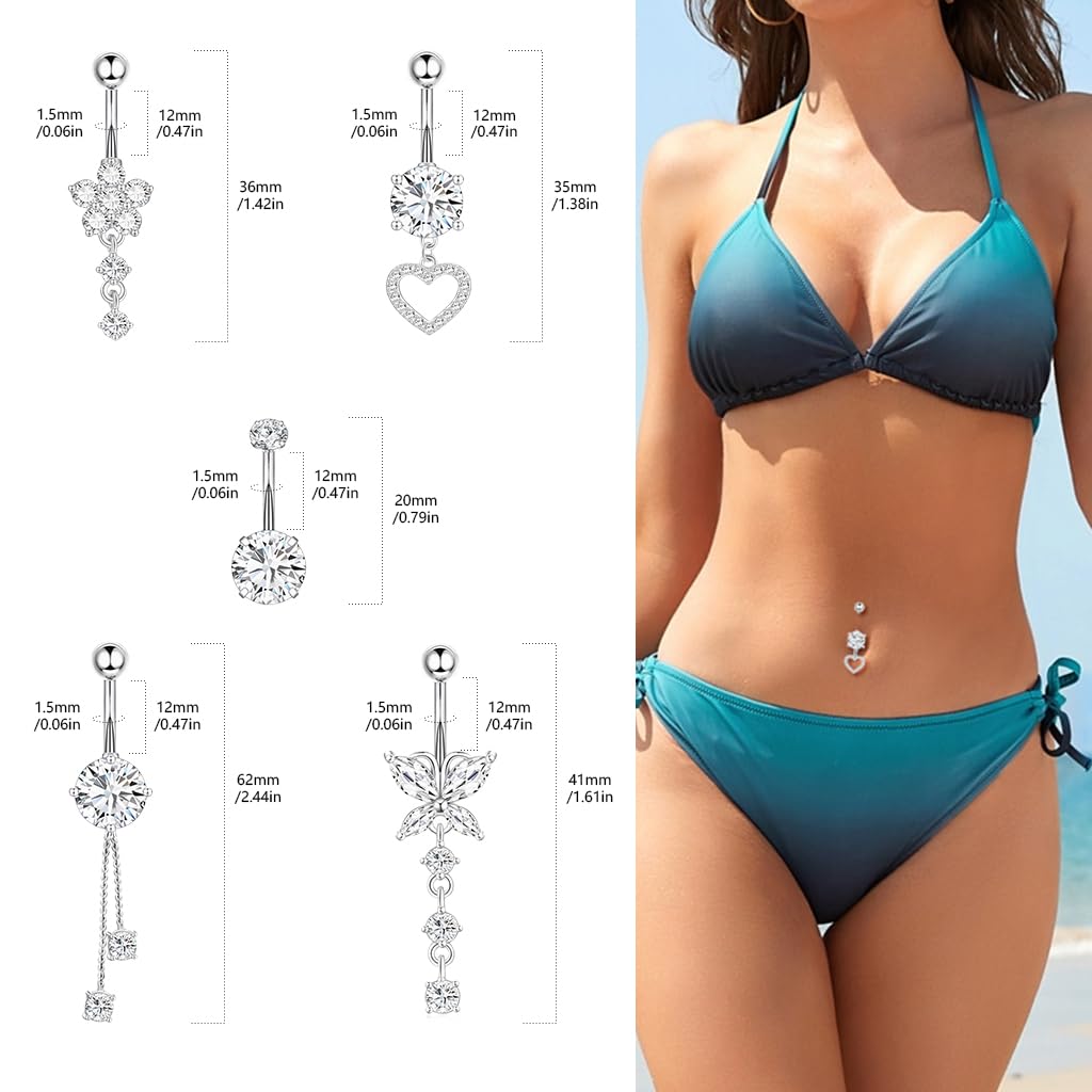 SANNIDHI Belly Button Rings for Women with Rhinestone Dangles and Stainless Steel Set of 5