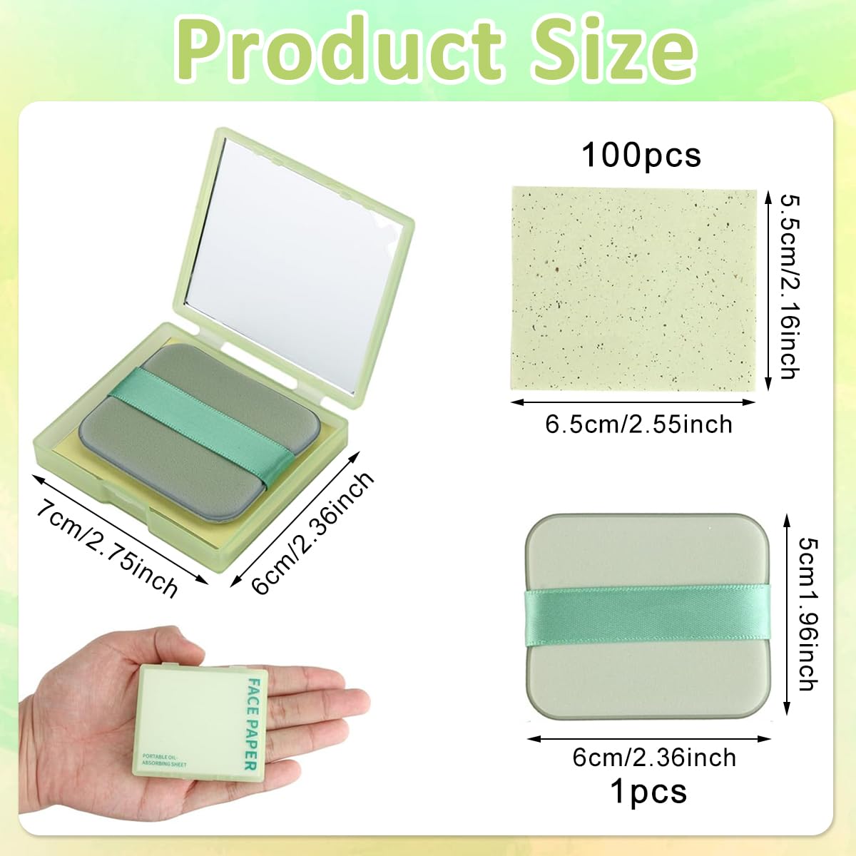 MAYCREATE® 100Pcs Face Blotting Paper for Oily Skin, Oil Blotting Sheets for Face, Natural Linen Oil Paper for Face, Blotting Paper for Makeup, Built-in Mirror & Powder Puff for Women Men (Green Tea)