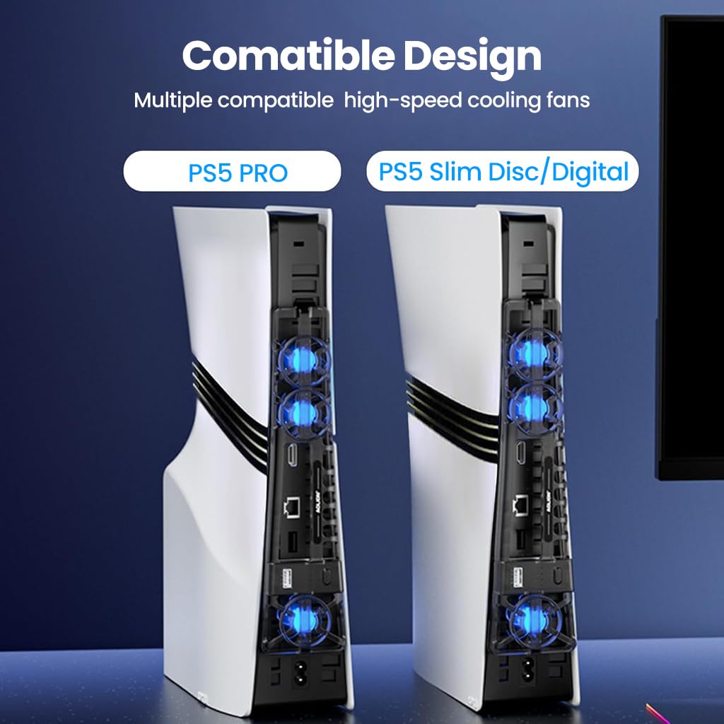 HASTHIP Cooling Fan for PS5 Pro and Slim with 3-Speed Control and Automatic Temperature Detection | LED Triple-Fan USB Accessory