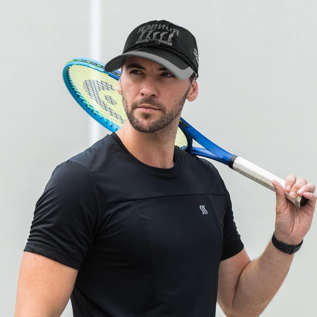 GUSTAVE Sport Baseball Cap for Running and Outdoor Use with 10.5 cm Visor and Chin Cord | Black Unisex UPF50+ Adjustable Hat