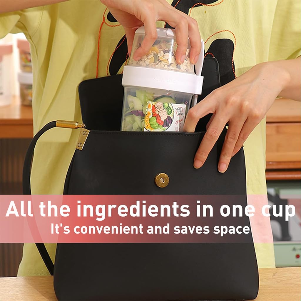 HASTHIP Breakfast On the Go Cup for Yogurt and Oats with 350ml and 760ml Dual Containers | Leak-Proof PP Jar Featuring Screw Cap and Detachable Sauce Case