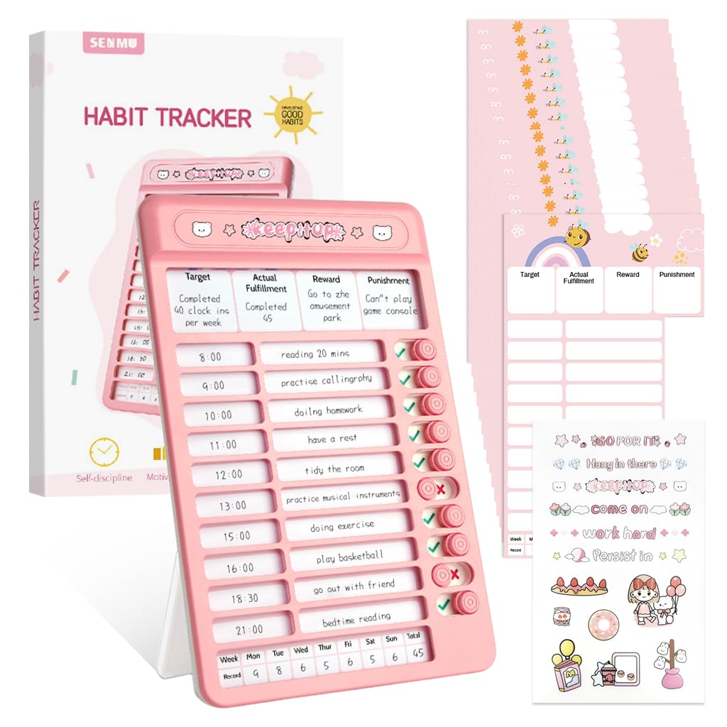 ZIBUYU Dry Erase Chore Chart Board for Kids and Teens with 15 Reusable Sheets featuring Slider Checklist | Dual Placement Options in Pink