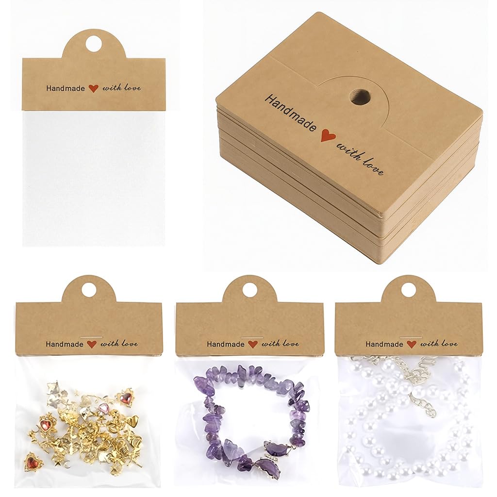 HASTHIP Jewellery Organiser Pouch Set for Rings and Necklaces with 100Pcs 8x10cm Clear Bags | Includes Brown Cardstock Handles for Display and Gifting