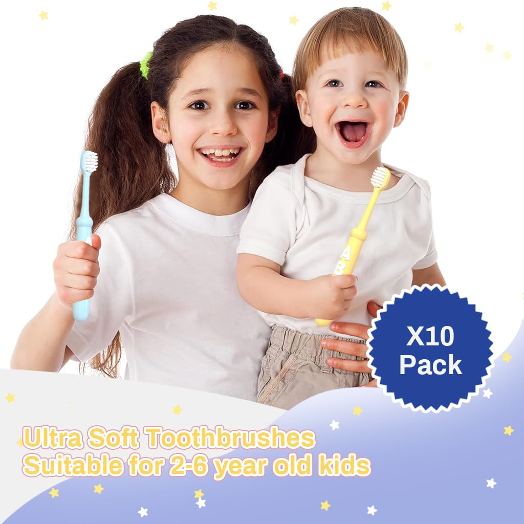 HANNEA Kids Toothbrush for Gentle Cleaning featuring Ultra Soft Bristles and Rubberized ABC Handle | 10pcs Colorful Set for Boys and Girls 6–12 Years