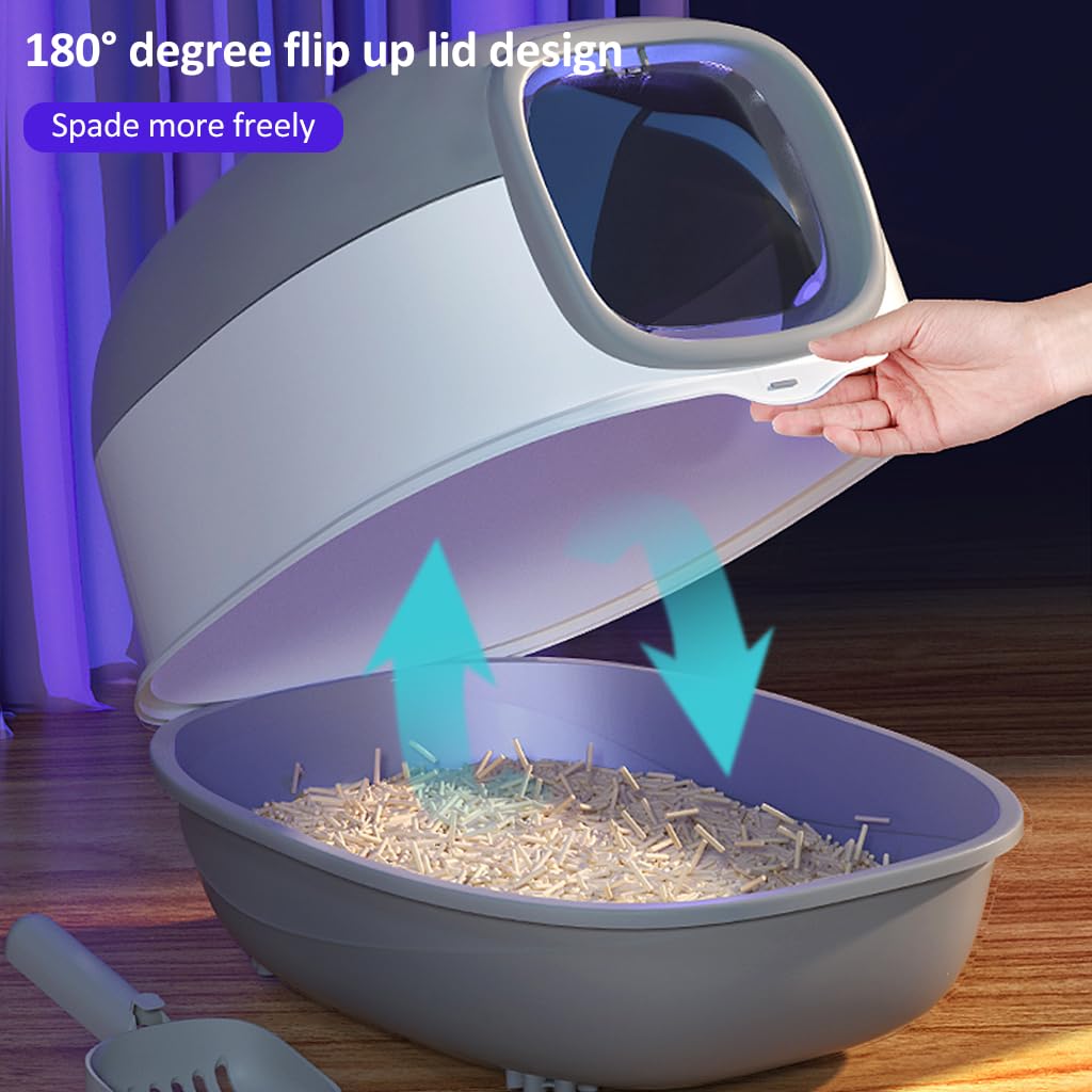 Qpets® Cat Litter Box with UVC Disinfect Light Cats Litter Box Deodorization Box, Cat Litter Tray Auto Timing Disinfect, Large Splash-Proof Litter Box with Openable Lid, with Cat Litter Shovel