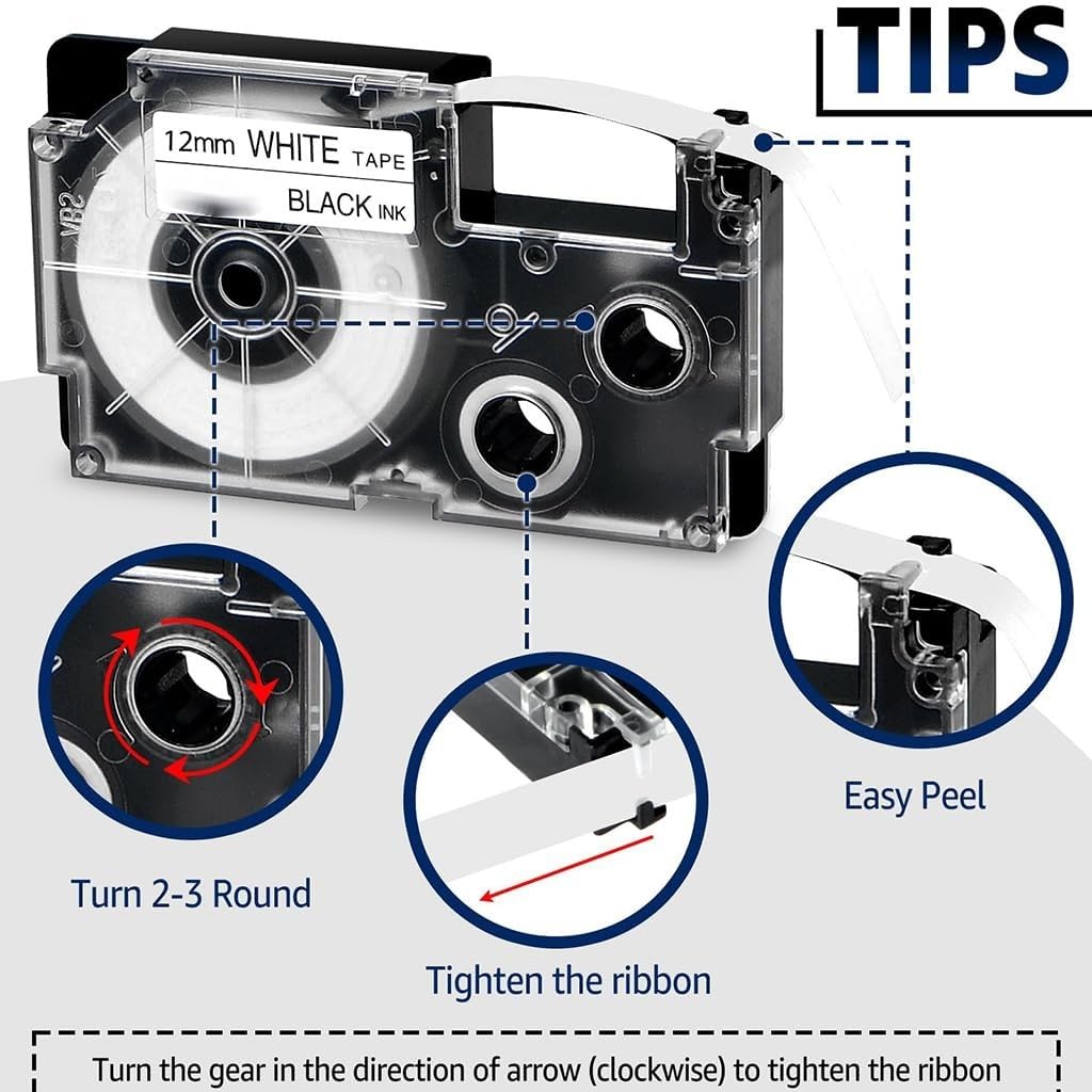 ZIBUYU Label Tape for Casio Label Printers featuring Waterproof 12mm 8m Roll | White with Black Ink