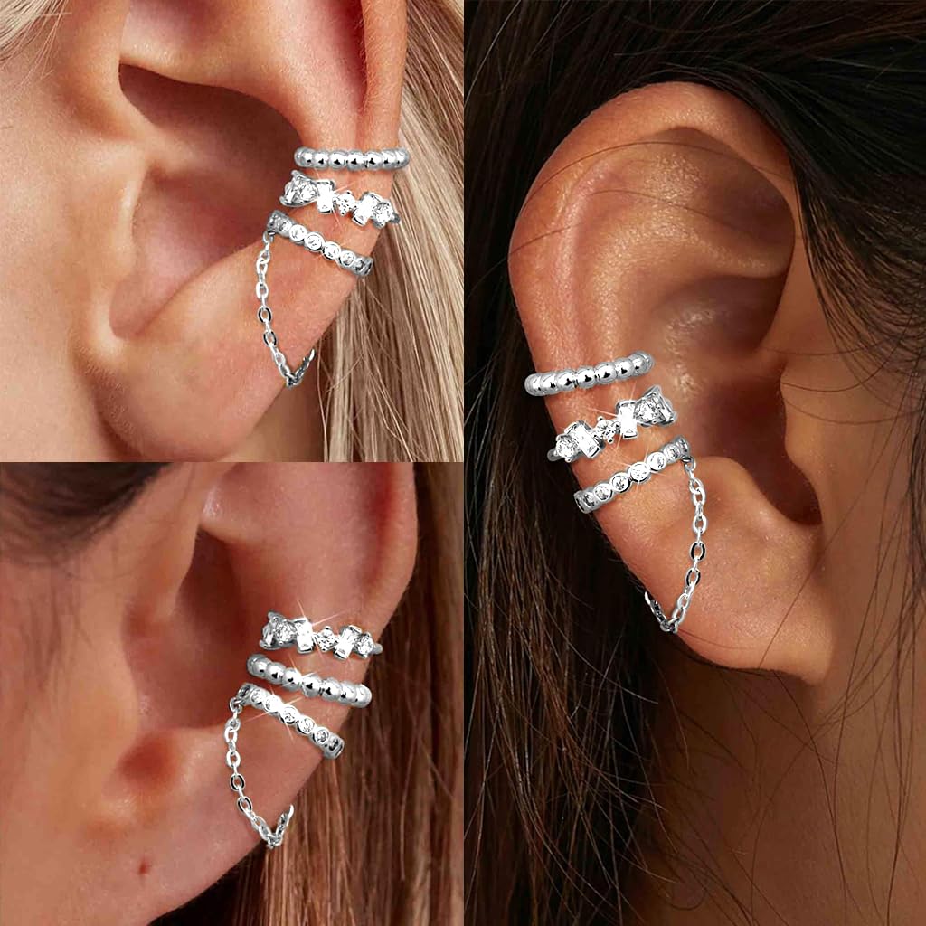 SANNIDHI Ear Cuff Earrings for Women with Non Piercing Clip On Design and Silver Finish | 3 Pairs Hypoallergenic Trendy Jewelry