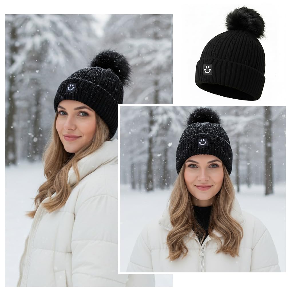 Zibuyu Winter Caps for Women with Thick Wool Yarn and Pom Pom | Warm Ear Coverage Beanie