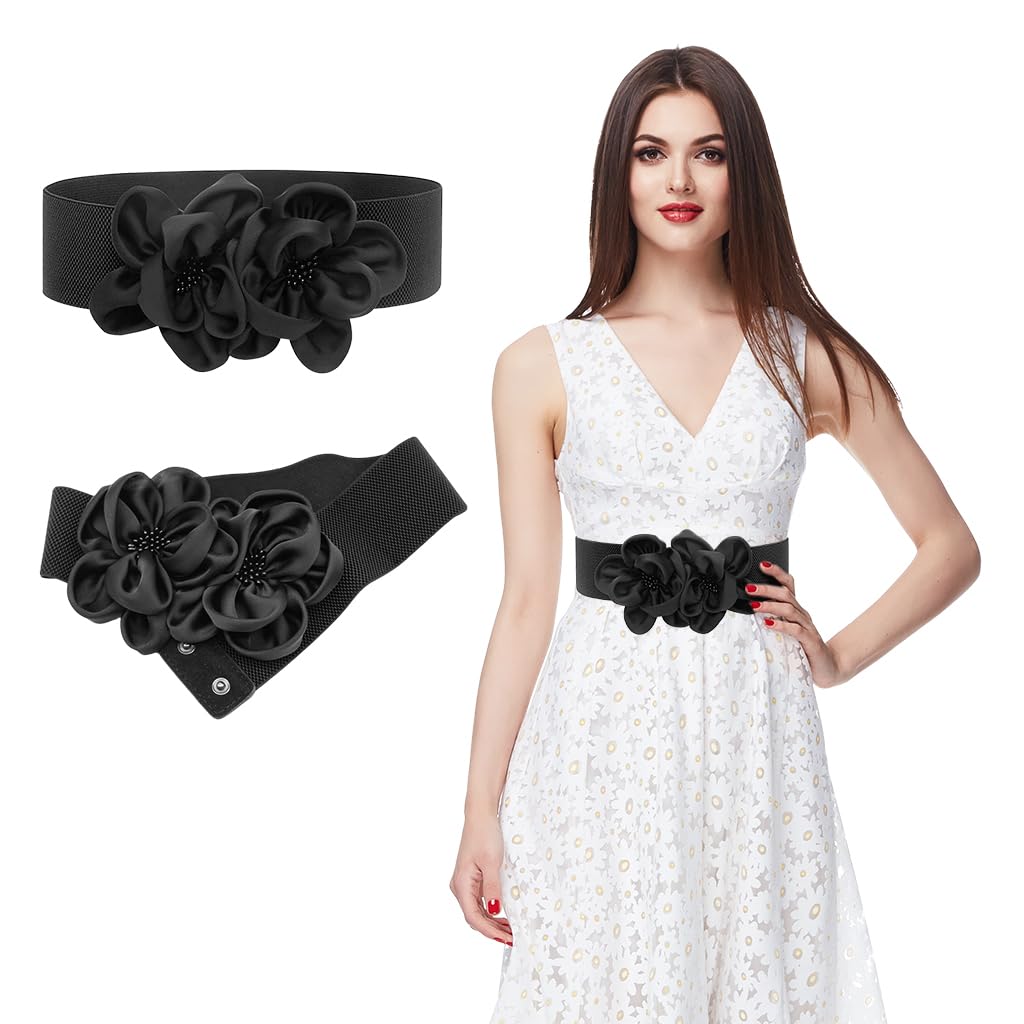 ZIBUYU Stretch Wide Waist Belt for Dresses with Snap Closure and Chiffon Flowers | Adjustable 65–86 cm Black Elastic Design