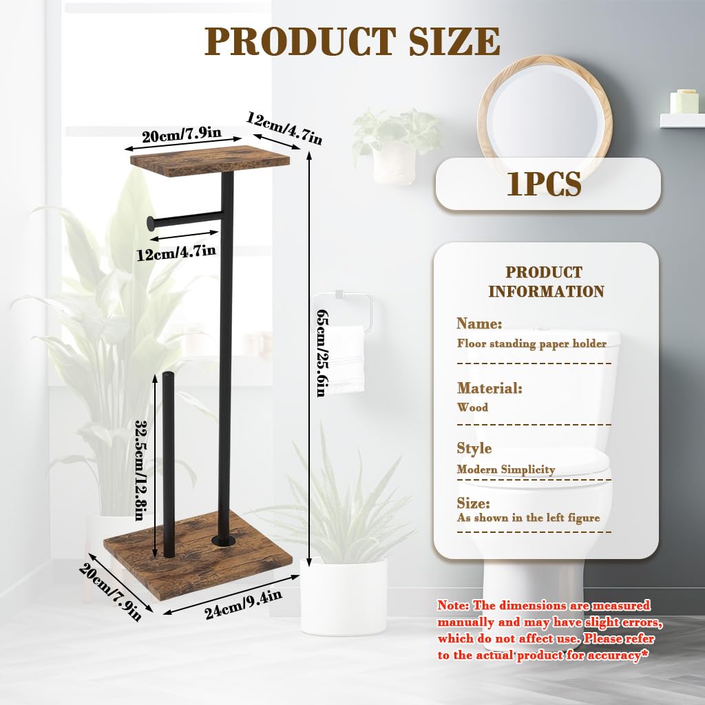 HASTHIP Toilet Paper Roll Holder for Bathroom with Top Storage Shelf 20x24x65cm | Wood and Metal Free Standing Organizer