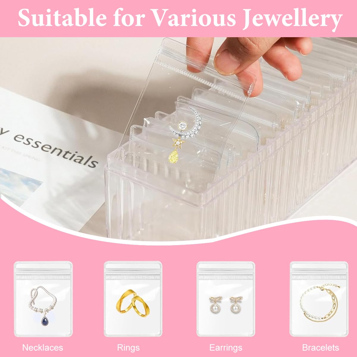 MAYCREATE Jewellery Organisers Box for Travel with 40 Anti Tarnish PVC Pouches | Acrylic Storage Case for Women
