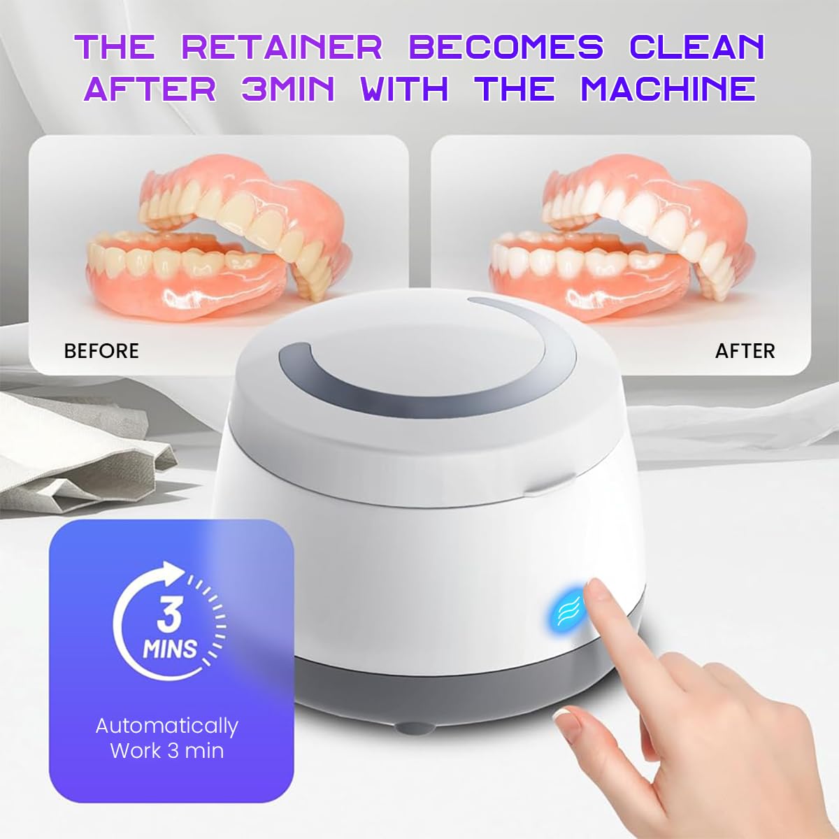 HASTHIP Ultrasonic Retainer Cleaner for Dentures and Jewelry with UV Light | 43000Hz 304 Stainless Steel Chamber