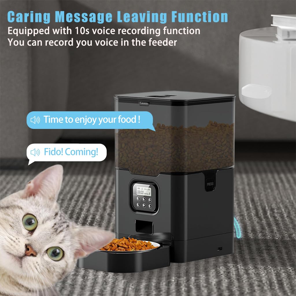 Qpets® Cat Feeder Automatic, 6L Cat Dog Automatic Feeder Smart Pet Food Dispenser, Large Capacity Cat Feeder with Timer & Stainless Steel Food Bowls & Portion Control & Voice Reminder