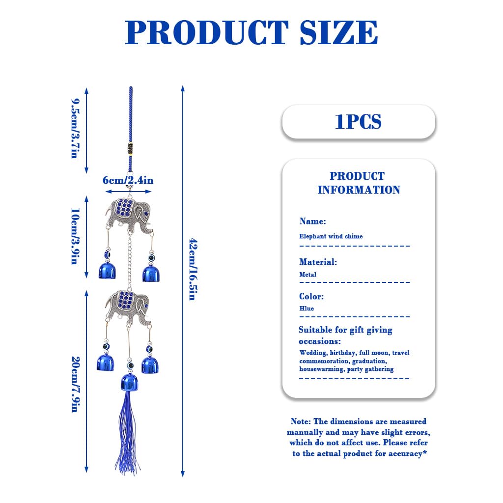 HASTHIP Elephant Wind Chimes for Balcony with 5 Blue Metal Bells | Good Luck Home Decor