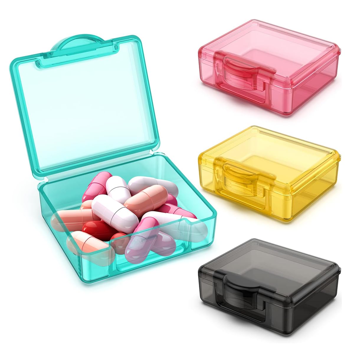 HANNEA® 4Pcs Pill Box Portable Pill Box 1.7 Inches Color Square Transparent Pill Box Food Grade PP Travel Pill Box Pill Case Medicine Pill Box for Supplyments, Capsules, Tablets, Fish Oil, Vitamin