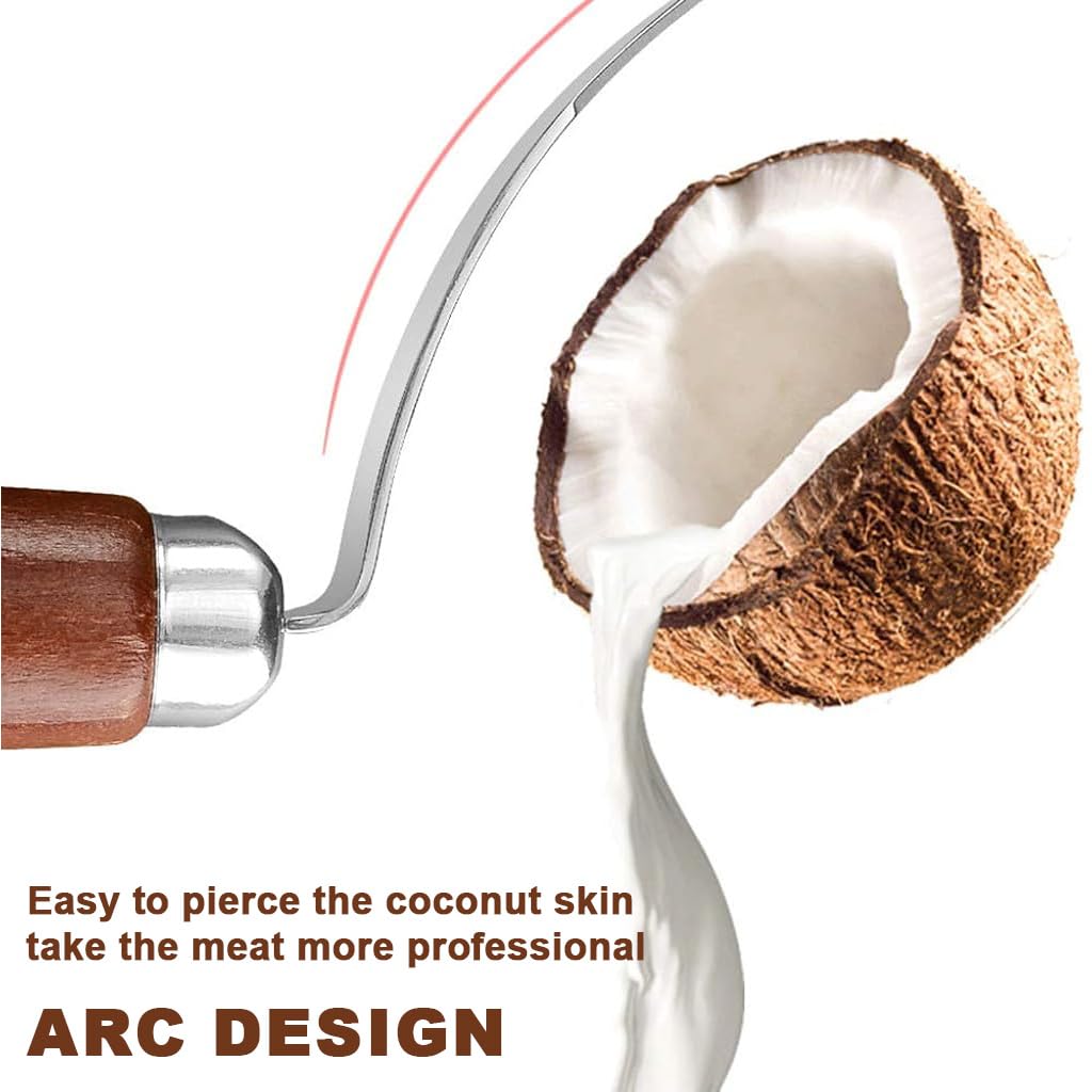 HASTHIP Coconut Pulp Scraper Tool for Easy Pulp Removal with Curved Blade and Wooden Handle