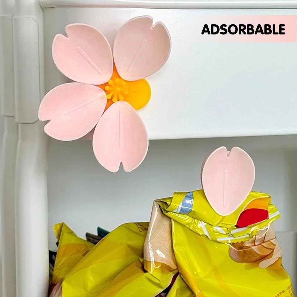 Supvox Food Bag Clips 5 Pcs for Kitchen Storage featuring Sakura Petal Shape and Magnetic Holder | Decorative Sealing Clips