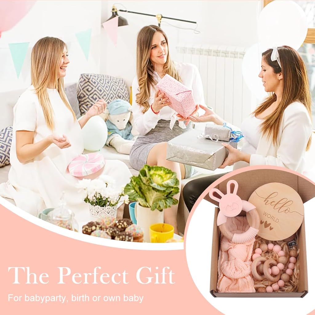 SNOWIE SOFT 5 Pcs Baby Girls Shower Gift Box Set New Born Baby Gifts Pink Bunny Baby Teether Pacifer Chain Clip Beaded Chain Soothing Toy Pink Bow Headband Food Grade Silicone Baby Teether
