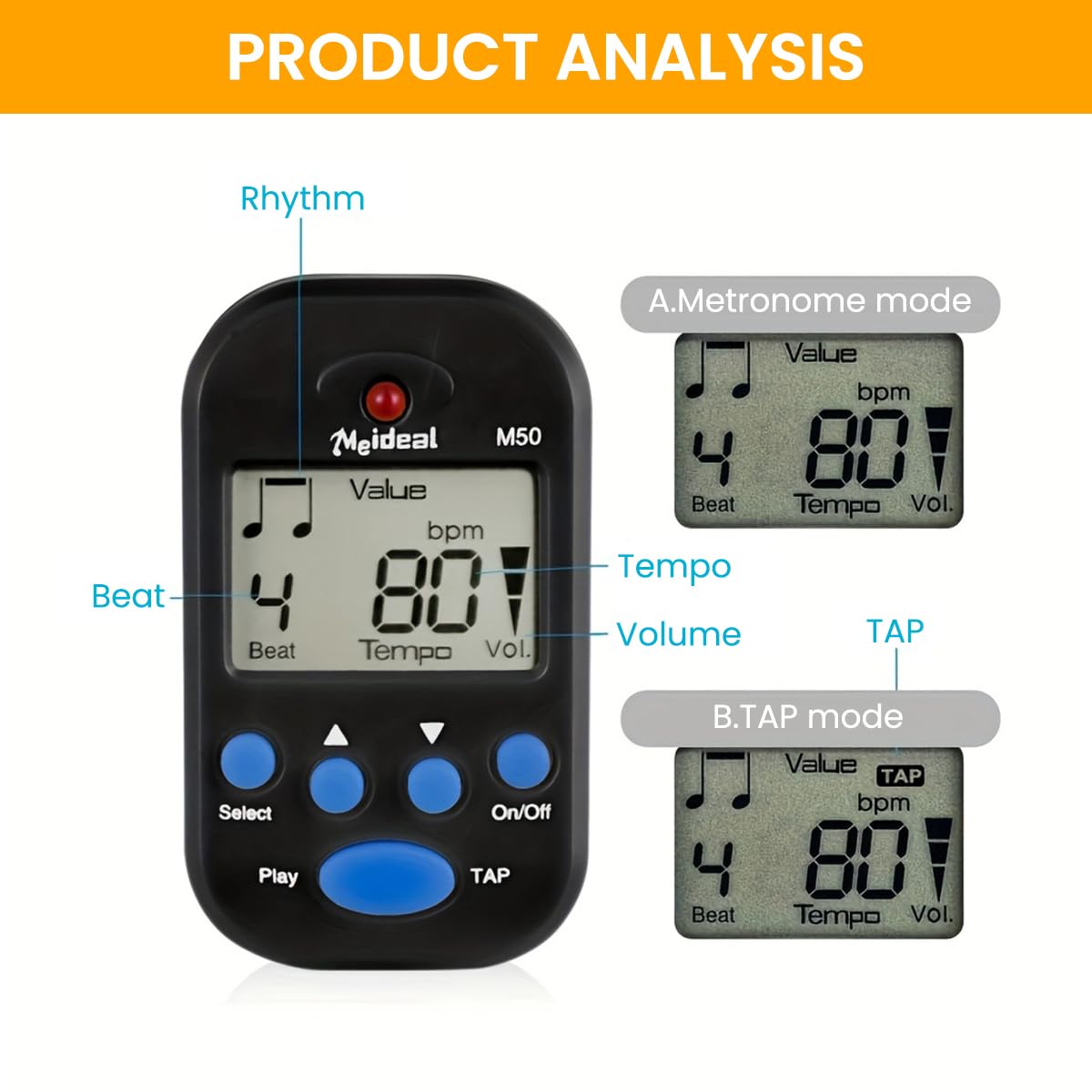 HASTHIP Digital Clip On Guitar Metronome with LCD Display and 3.5mm Jack | 3 PCS Battery Operated