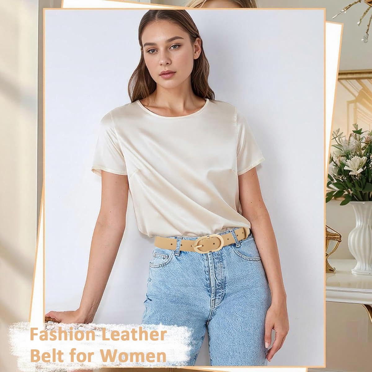 SANNIDHI Ladies Belt for Jeans and Dresses featuring Tuck and Pin Closure with Gold Buckle | 105cm Khaki PU Leather Slim Fit