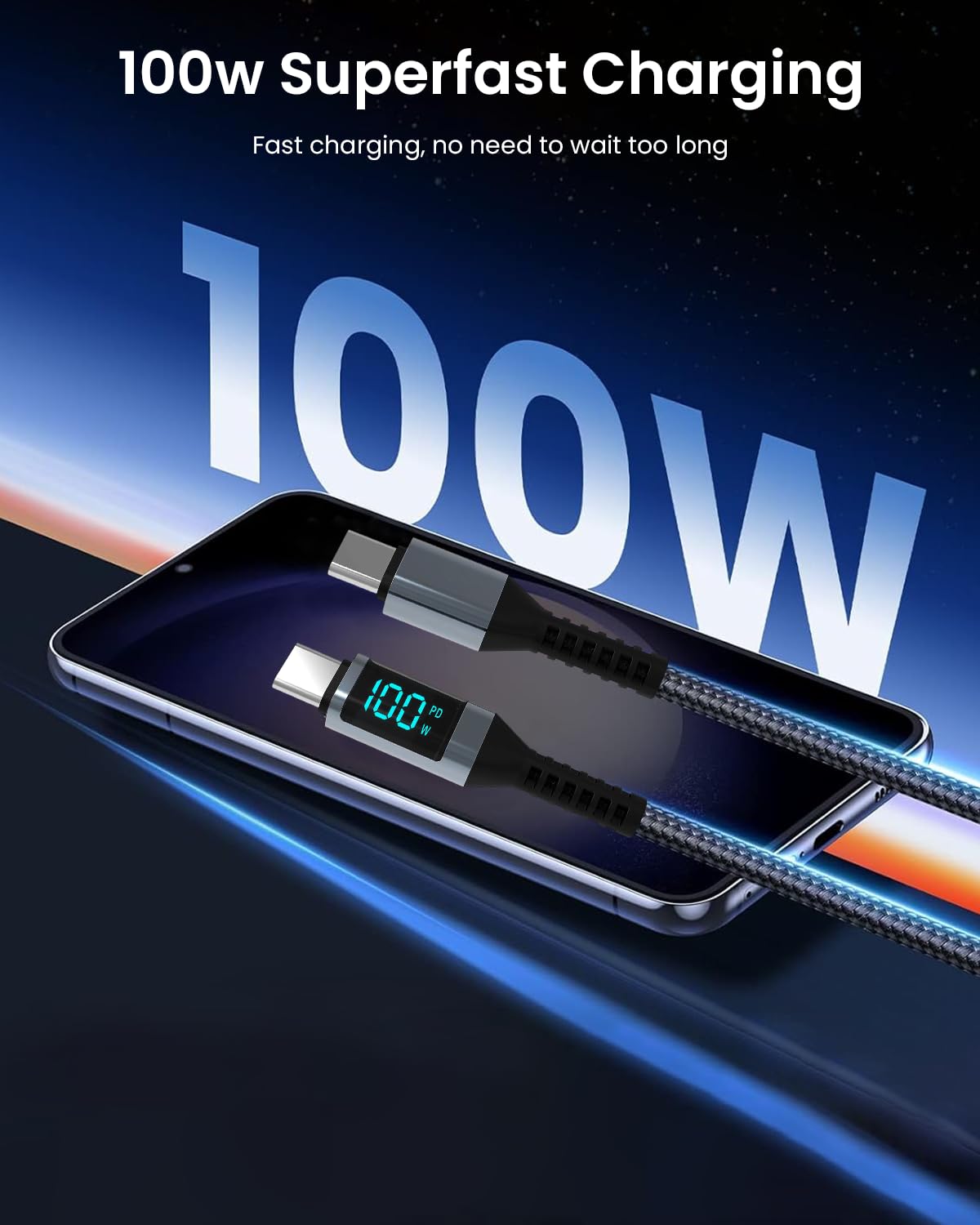 ZEITEL USB-C to USB-C Cable for Fast Charging with LCD Display and 100W Power | 3.9ft Nylon Braided