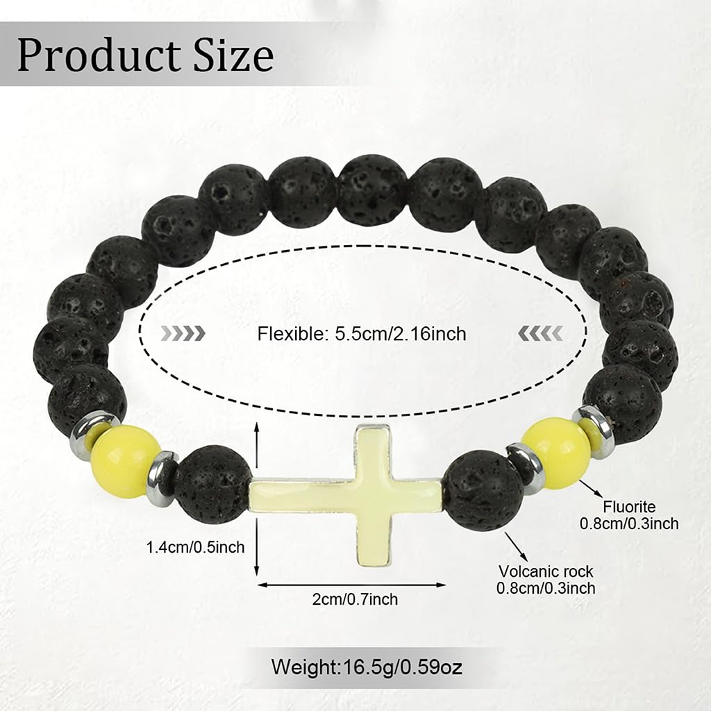 PROBEROS Bracelet for Man with Luminous Cross Beads and Natural Volcanic Stone | Unisex Stretch Design