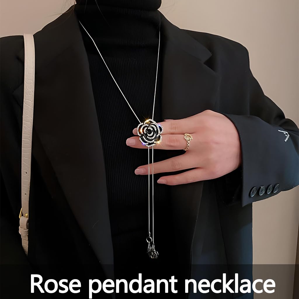 Zibuyu Pendant Necklace for Women featuring Adjustable Camellia Chain with Black Crystal | Elegant Jewelry for Evening and Winter Outfits