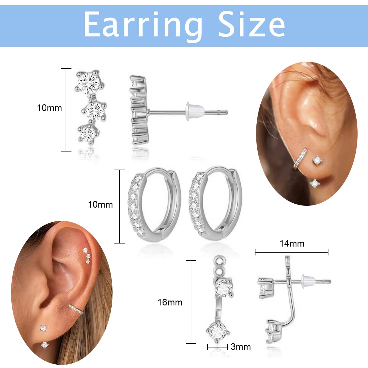 SANNIDHI Ear Studs Set with 3 Pairs Zircon Silver Earrings for Women | Hypoallergenic Gift