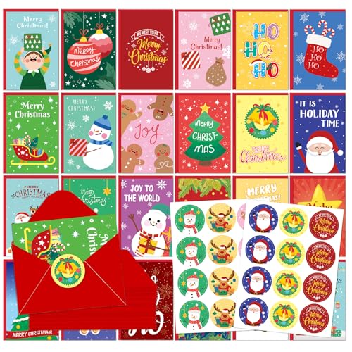 Supvox® 21 sets of Christmas greeting cards, creative Christmas Eve greeting stickers and envelopes, including 10 cards + 10 envelopes + 1 sticker-Mixed Colors