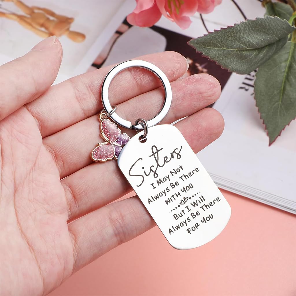 ZIBUYU Keychain for Sisters featuring Butterfly Charm and Stainless Steel Pendant Gift