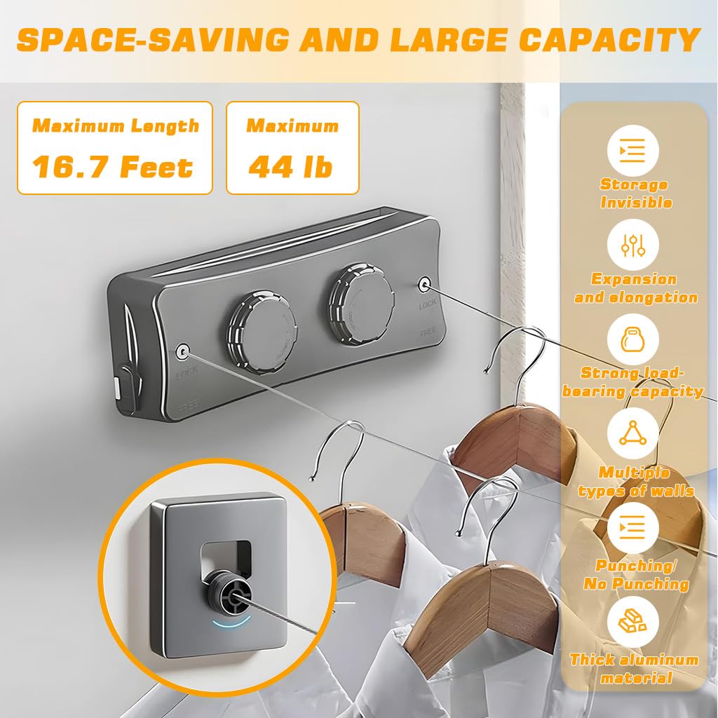 HASTHIP Retractable Clothesline for Indoor and Outdoor Use with Dual Row Design and 16.7 ft Extension
