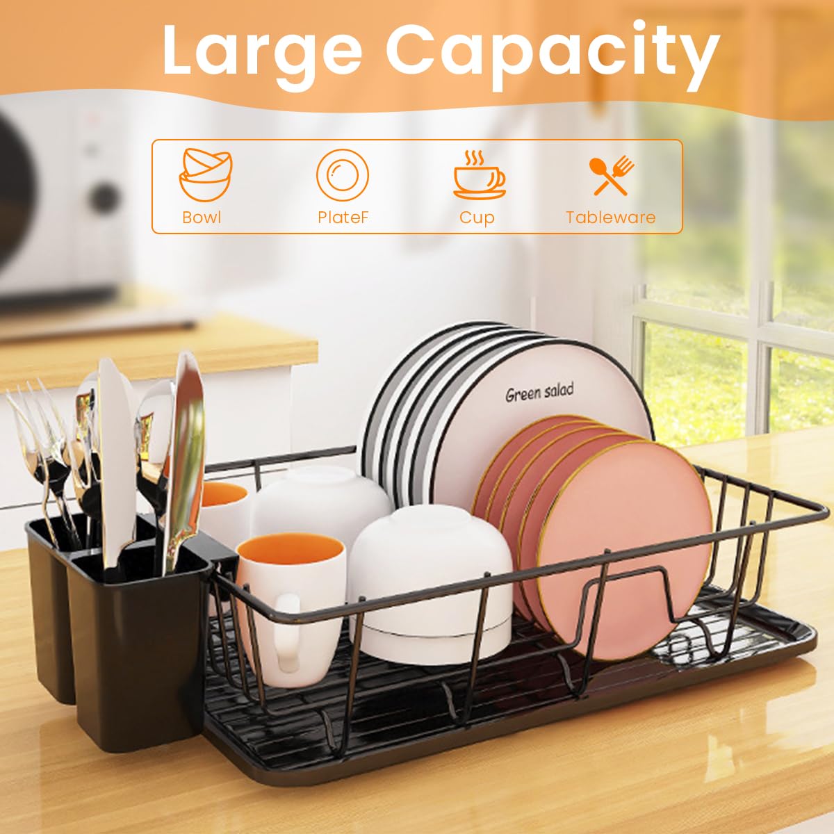 Supvox Dish Drying Rack 42x30x13 cm for Kitchen with Drainage Spout and Metal Cutlery Holder