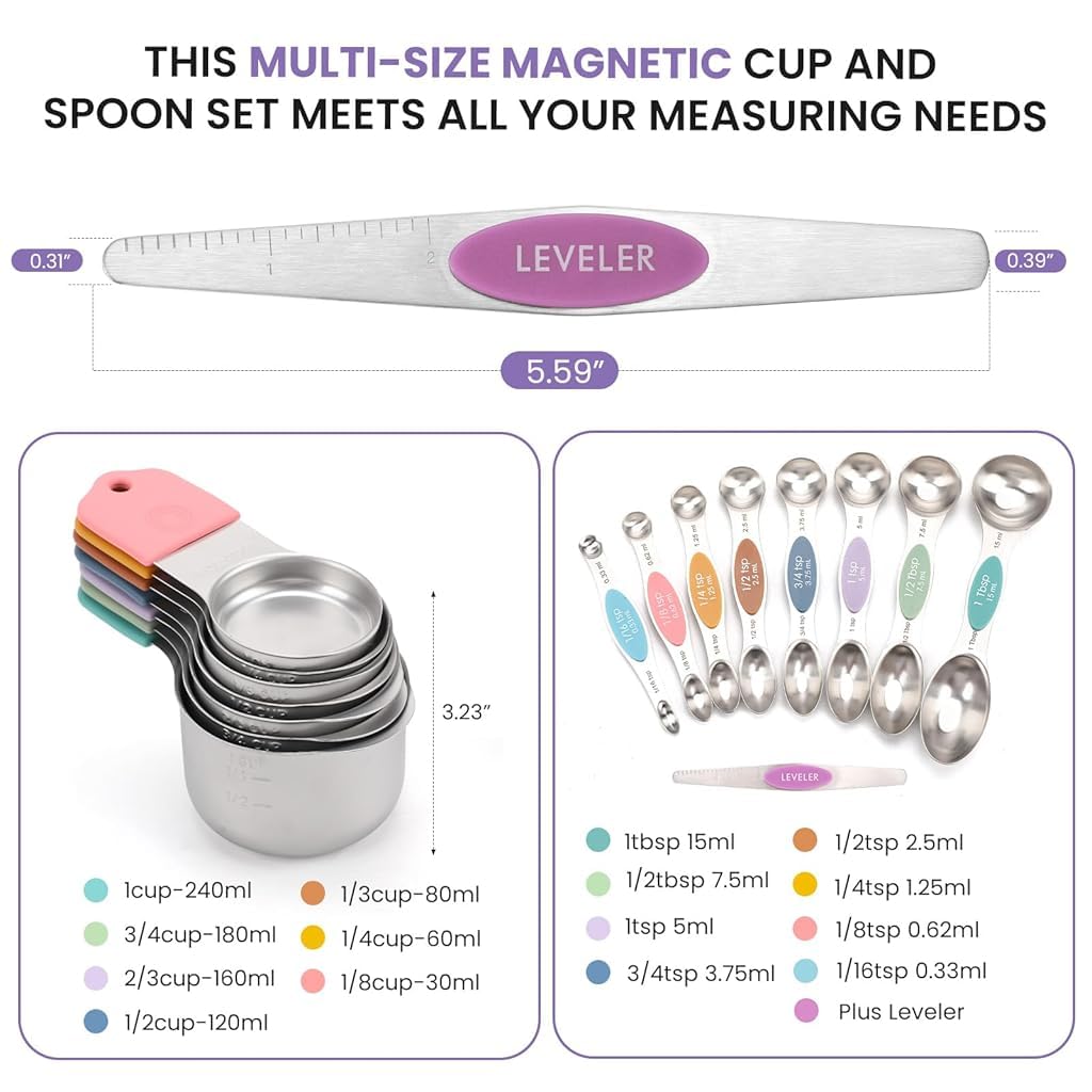 HASTHIP Measuring Cups and Spoons Set for Baking with Natural Wood Handles | 13‑Piece 304 Stainless Steel Kitchen Set