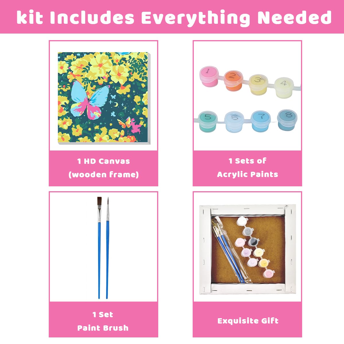 HASTHIP Paint by Numbers Kit for Adults and Kids with Brushes & Acrylic Pigments 20x20cm | Butterfly Flower Blossom Canvas Painting for Relaxing DIY Art